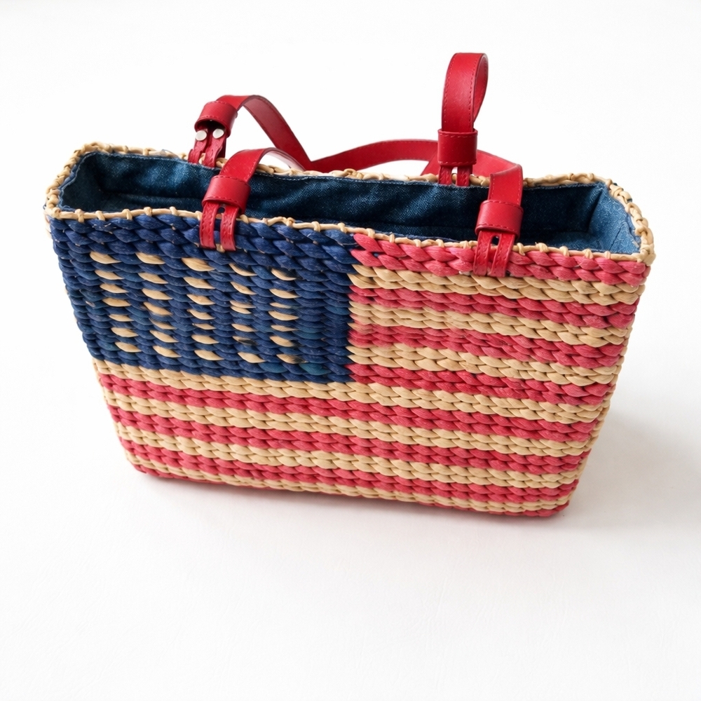 American Flag Straw Tote Bag Woven Patriotic Red White Blue Summer Beach Market - Picture 5 of 9